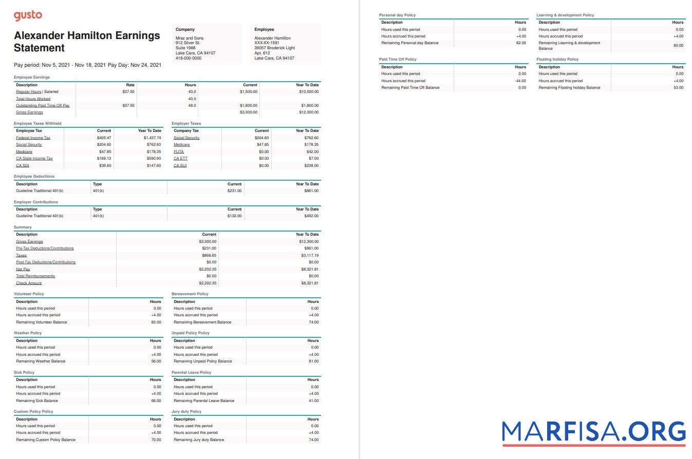 Downloadable Mraz and Sons earnings statement example